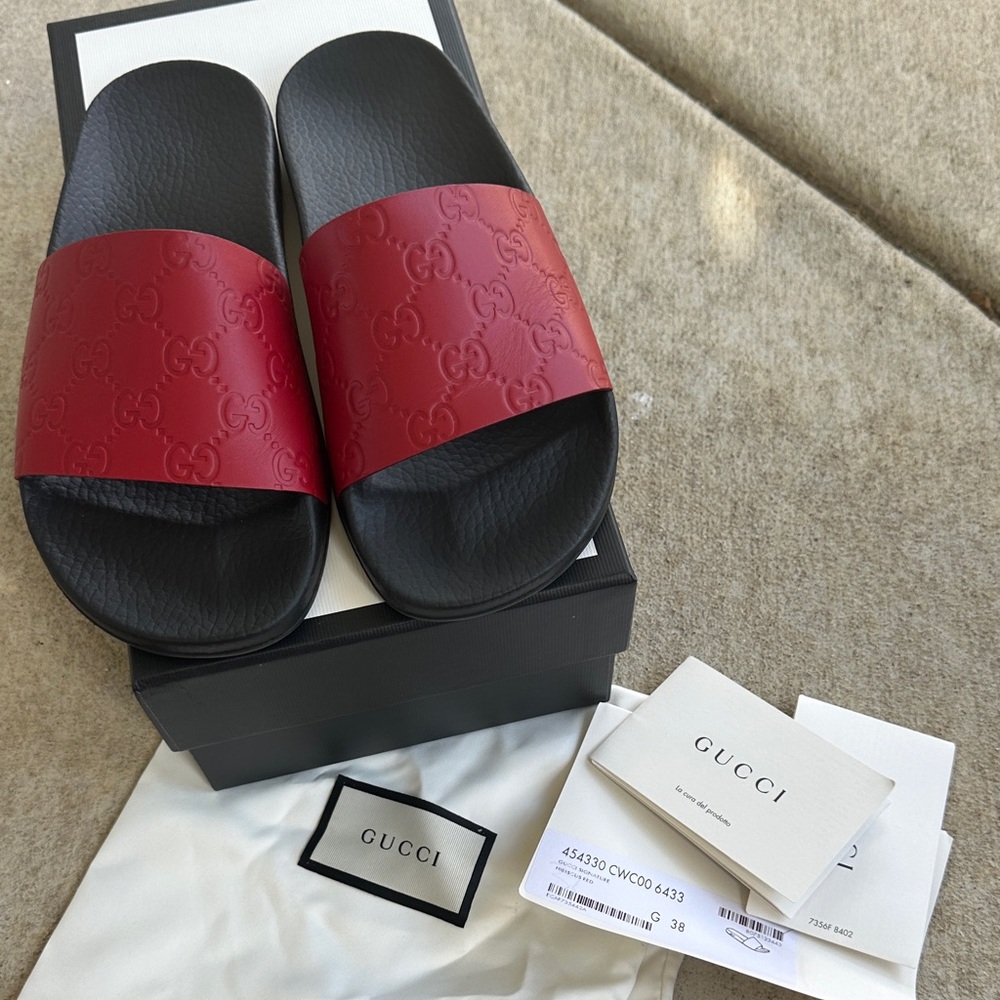 Gucci Black and Red Embossed Slides